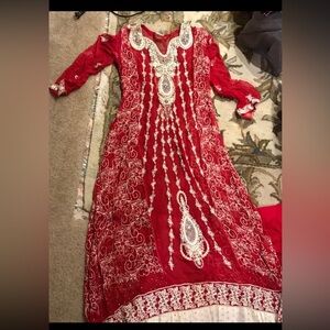 Pakistani Maxi dress beautiful chiffon red 3 piece shalwar kameez medium